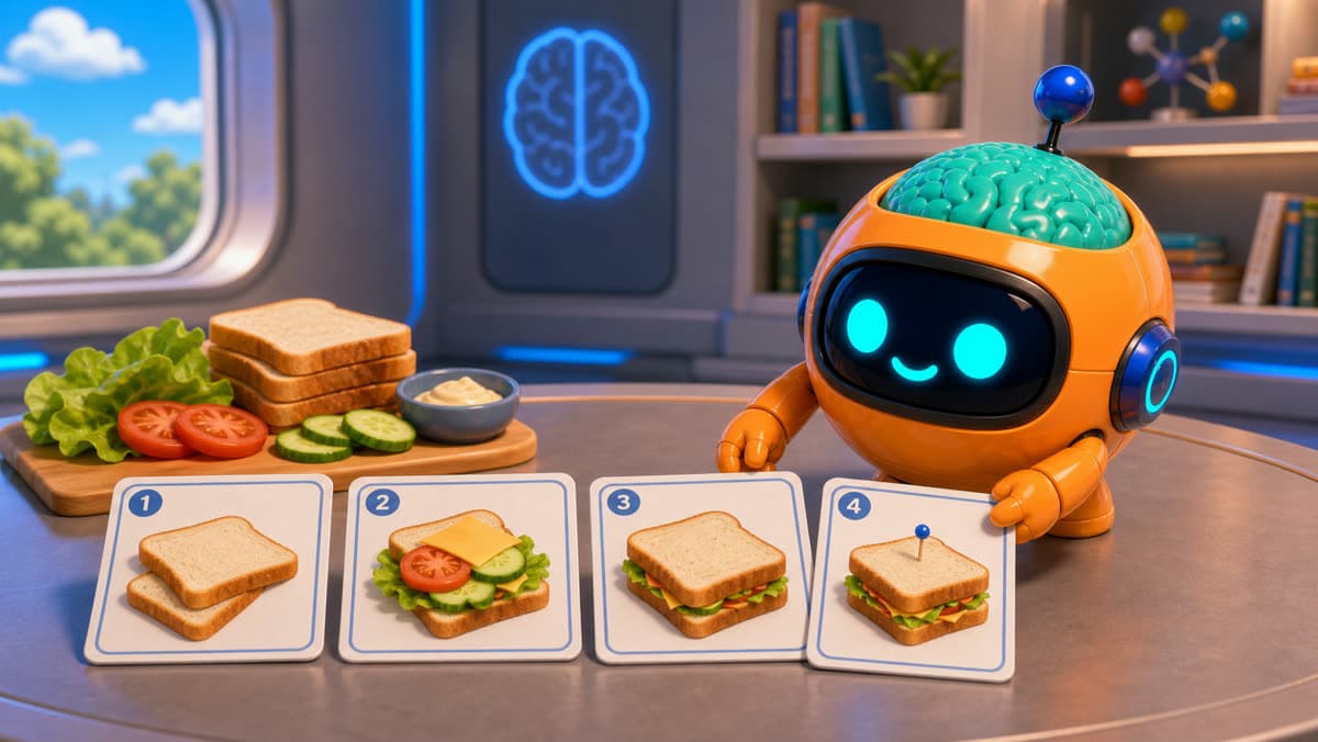 Sparky zeigt Algorithmus-Schritte wie ein einfaches Rezept.