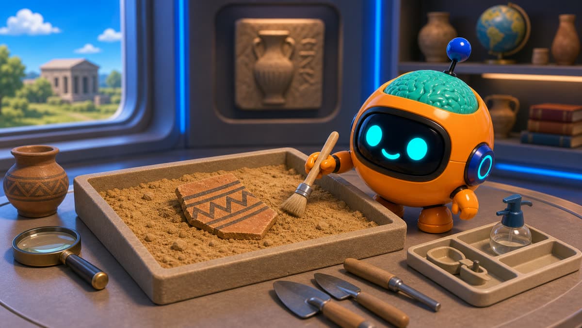 Sparky untersucht Tonscherben in einer kindersicheren Archäologie-Aufgabe.