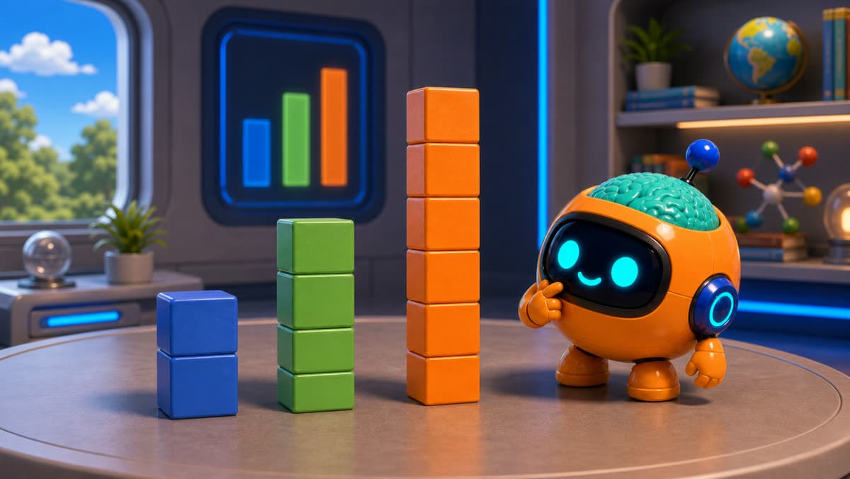 Sparky neben einem kindgerechten Blockdiagramm zum Vergleichen von Mengen.