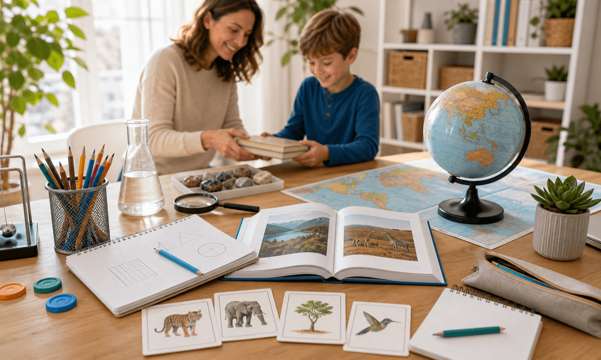 A bright homeschool desk with a laptop showing an AI learning program map
