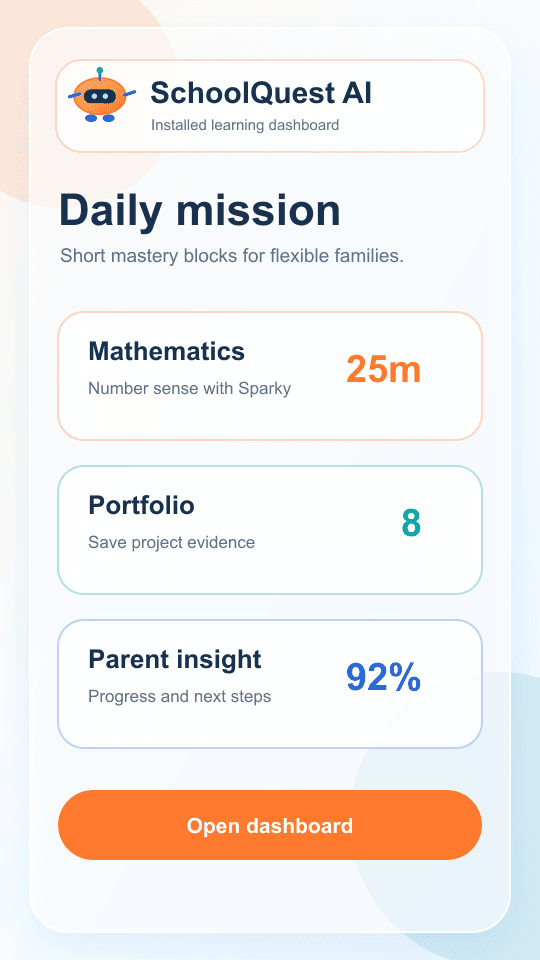 SchoolQuest AI mobile screenshot with learning round, portfolio, and parent insight cards