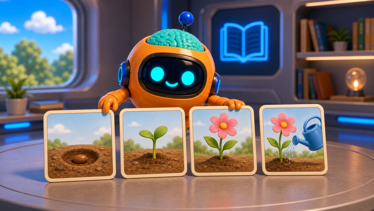 Child-friendly literacy workspace with story cards, tablet pencil writing, and Sparky support